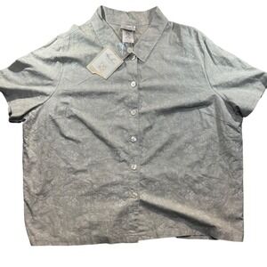 Kathie Lee Woman Linen Blend‎ Floral Print Button Up Shirt Top Beige 26W/28W